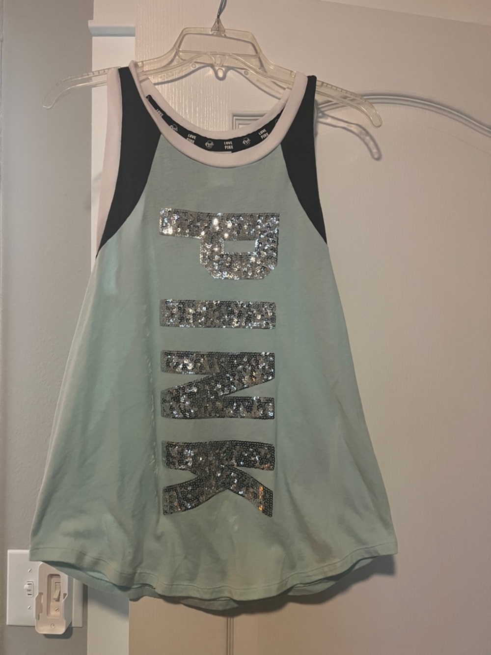 Sequin PINK Logo Tank Top - Mint/Black